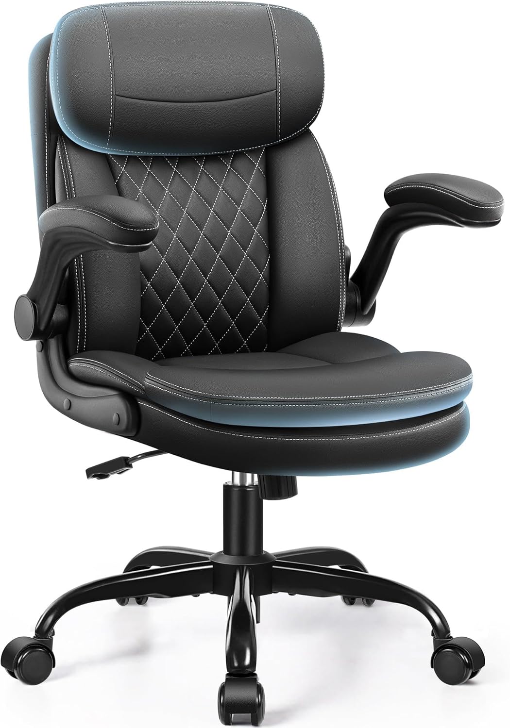 Ergonomic Office Chair - 人間工学に基づいたオフィスチェア、二層クッション、フリップアップ式アームレスト、狭いスペース用のネックレスト付き、ブラック