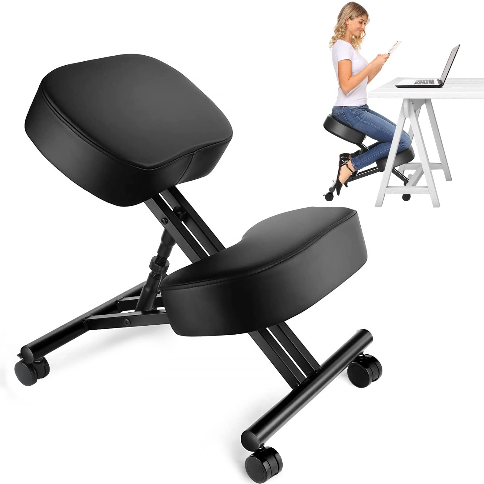 Ergonomic Office Chair - オフィス用のエルゴノミクスニーリングチェア、家庭およびオフィス用の調節可能なスツール - 角度のあるシートで姿勢を改善